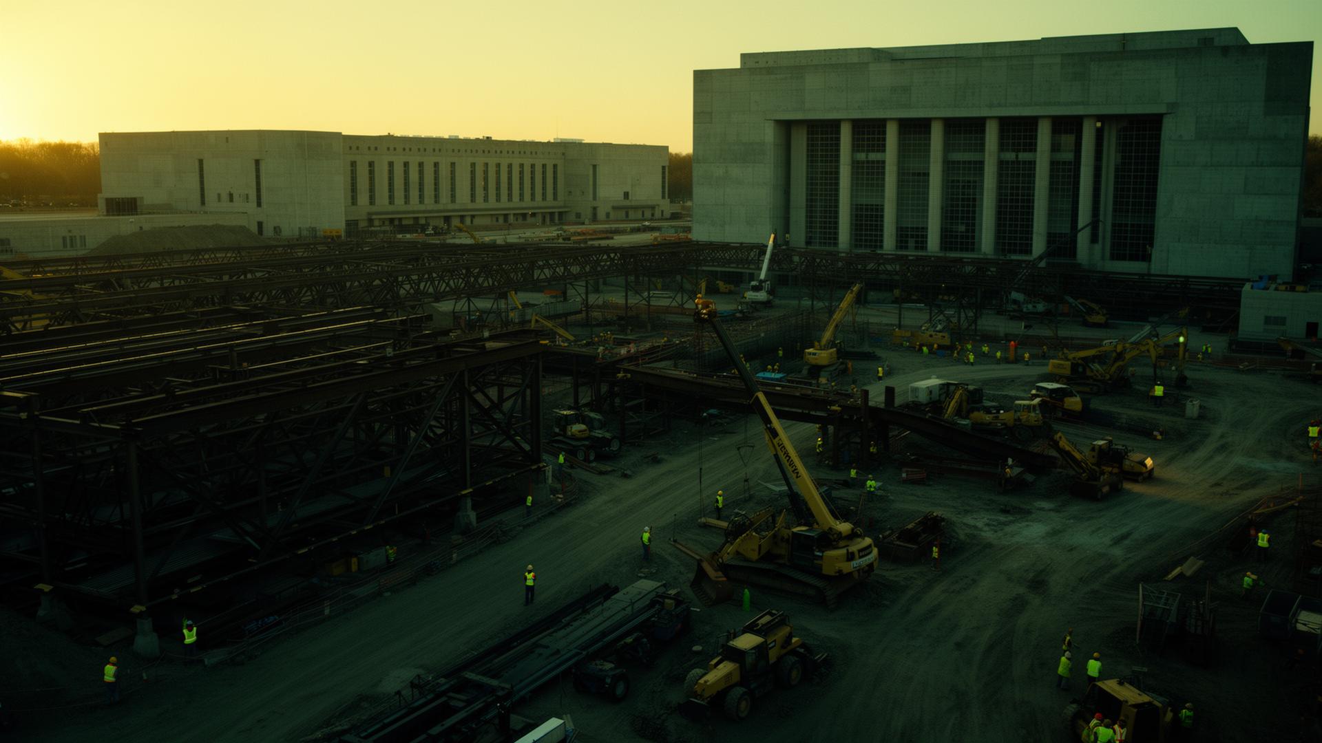Federal infrastructure construction site at golden hour